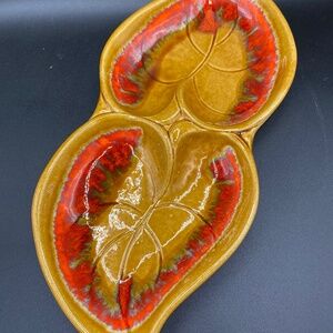 Santa Anita Ceramic serving bowl 2 leaves joined gold, orange, red MCM VTG USA